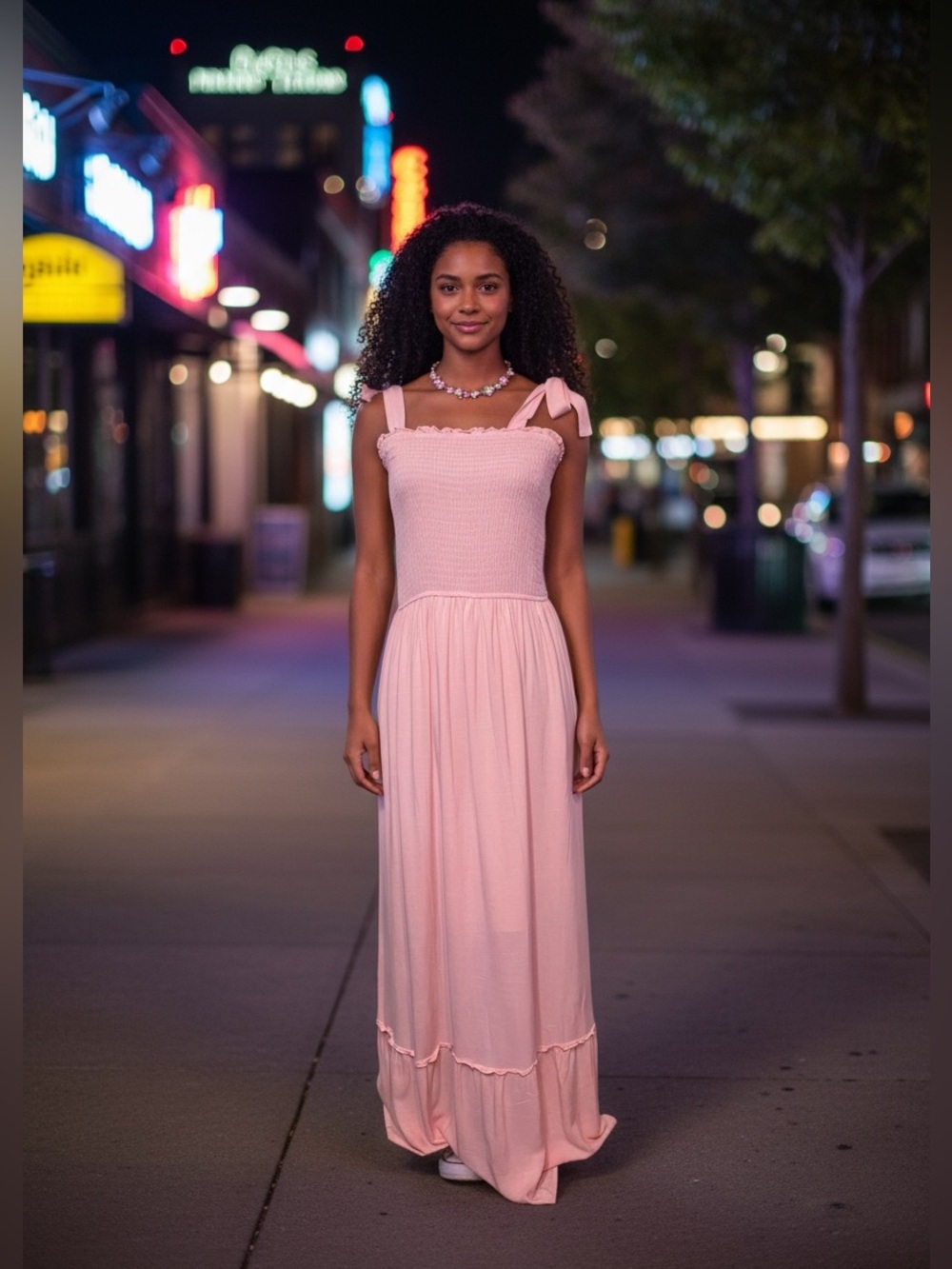 Women's Pink Maxi Dress with Tie Straps